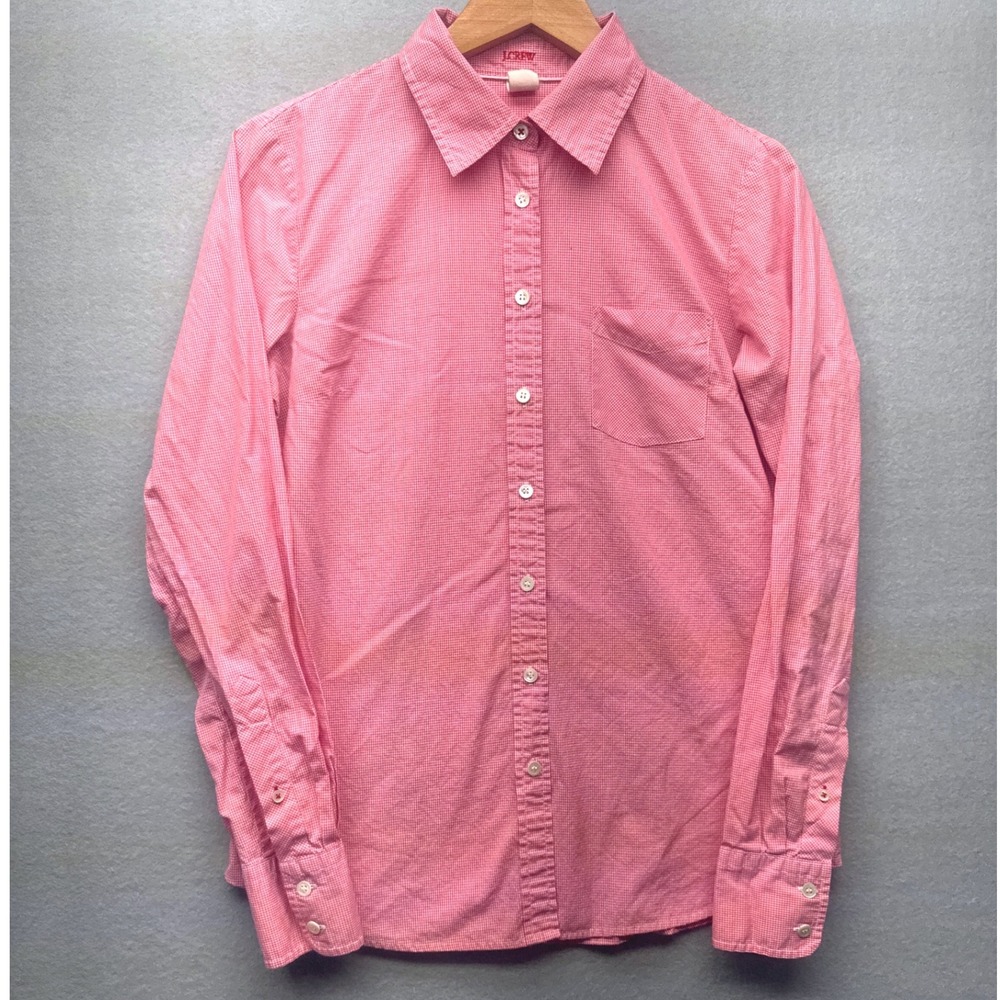 J.Crew Womens Tall Medium Slim Fit Pink Gingham Cotton Button Down Shirt Long Sl